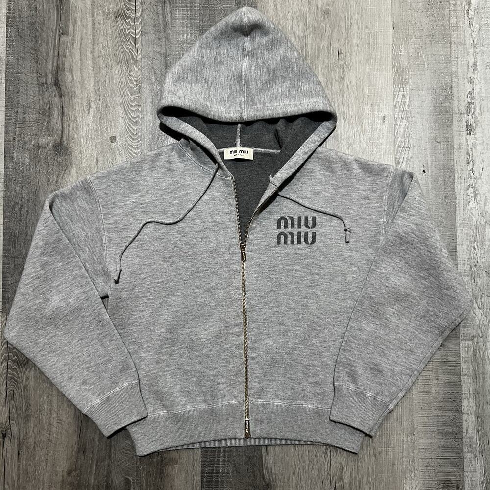 Miu Miu Double Cashmere Zipper Hoodie Heavy Grey Full Zip Womens MSRP $3950